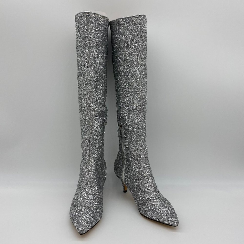 Sliver Glitter Pointy Toe Kitten Heel Long Boots